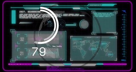 Spinning futuristic hud neon dashboard with holographic world map and progress bar 79