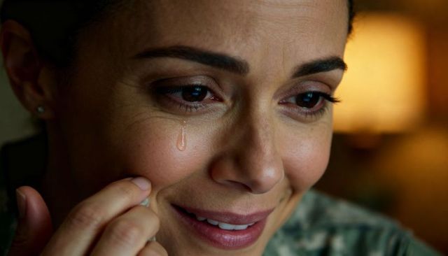 Military woman dabbing tear in quarters closeup portrait showing quiet emotional strength