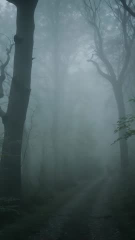 Swirling Fog Enveloping Woodland Path at Dawn Framing for Vertical Video
