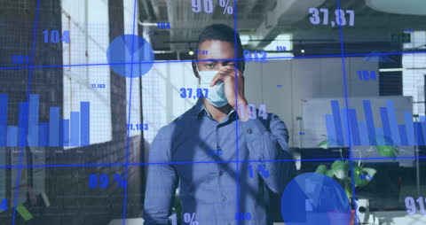 Businessman Wearing Face Mask with Virtual Data Projections