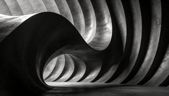 Curving concrete ribs creating repeating vaulted tunnel with dramatic light and rhythm