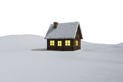 Cozy rustic cabin in winter landscape on transparent background