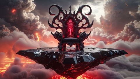 Ominous throne surrounded by volcanic hell clouds and lava atmosphere