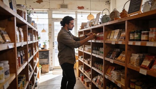 Man with bun selecting organic goods on wooden shelves in cozy rustic grocery