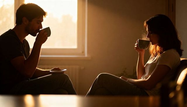Couple sipping coffee on sofa at golden hour sharing quiet morning moment