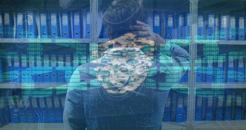 Cybersecurity concepts with confused businessman and blockchain