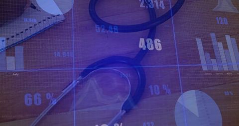 Stethoscope on desk displaying medical analytics overlay with charts graphs and metrics