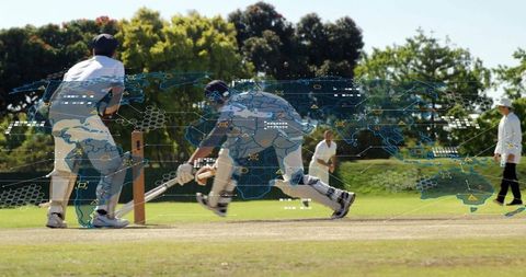 Cricket Batsman Sliding Risky Play Abstract World Data Map Overlay