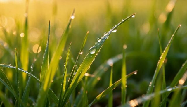 Morning dew on curved grass blade catching golden sunlight bokeh macro closeup