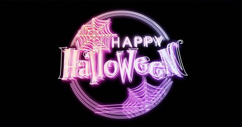 Neon Happy Halloween Text with Spider Webs Design