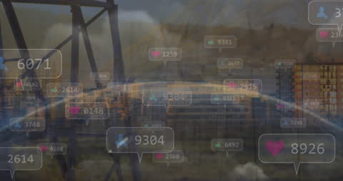 Global Communication Through Social Media with Technology Icons Overlay