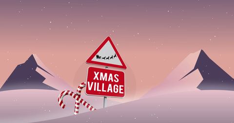 Winter landscape with xmas village road sign and candy canes