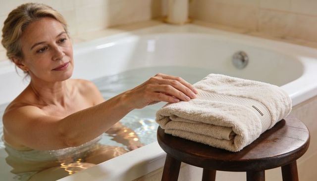 Senior woman relaxing in bathtub reaching for plush towels on wooden stool