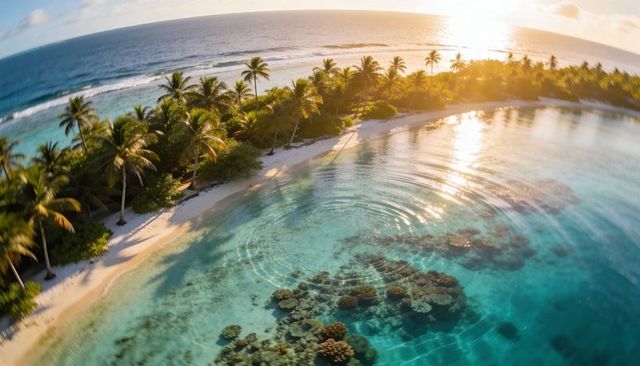 Golden sunset revealing turquoise lagoon with coral heads, white sand beach, palm shadows