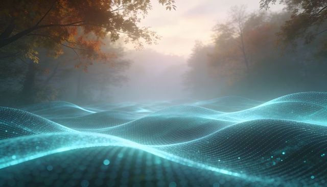 Glowing cyan mesh rising over misty forest floor, dawn light revealing digital grid canopy