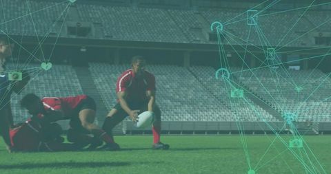 Rugby Player in Action with Digital Network Overlay