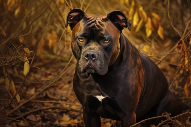 Powerful, attentive pit bull sitting in an autumn forest scene surrounded by fallen leaves and branches. Excellent for use in pet-related content, promoting outdoor activities with pets, or depicting the loyalty and strength of dogs. Suitable for autumn-themed designs or nature-friendly pet advertisements.