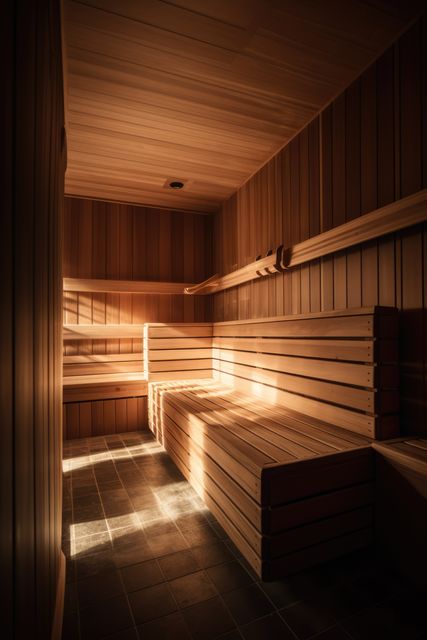 Interior of wooden sauna with bench and sunlight, created using generative ai technology. Sauna, relaxation and self care concept digitally generated image.