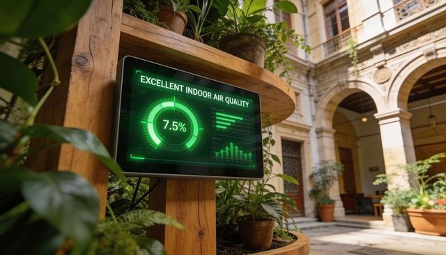 Indoor air quality monitor displaying 7.5% green gauge in sunlit courtyard planter