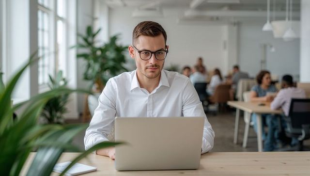Focused professional working on laptop in modern open-plan coworking office with plants