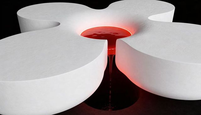 Abstract white four-lobed sculpture releasing glossy red liquid into dark reflective well