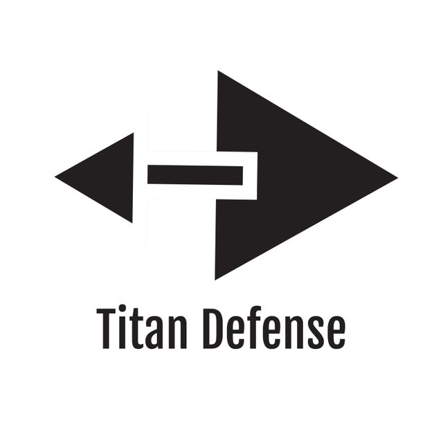 Minimalistic and modern Titan Defense logo featuring geometric arrow elements and black triangles on a white background. Ideal for corporate branding, marketing materials, presentations, business cards, and professional documents to convey a strong and professional image.