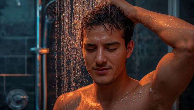 Bare-chested man rinsing hair under rain shower in tiled bathroom with cinematic lighting