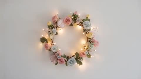Pastel Rose Wreath with Twinkling LED Lights Creating Soft Ambient Glow for Home Decor