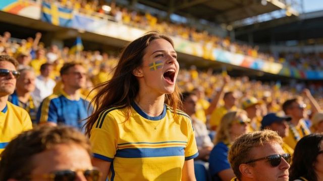 Swedish fan shouting and cheering in sunlit stadium wearing yellow blue jersey, flag face paint