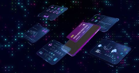Holographic Mobile Payment Dashboard with Floating Credit Card and Neon Fintech Interfaces