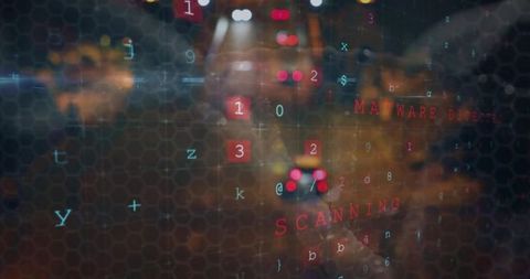 Night driving with cybersecurity hud scanning malware detected over neon urban bokeh
