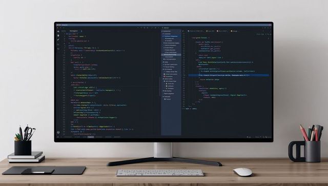 Ultrawide Monitor Running Dark Code Editor on Minimalist Desk for Productive Home Office Workstation