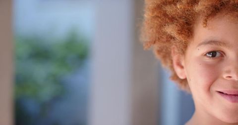 Teenage african american male gazing sideways by window curly hair closeup portrait