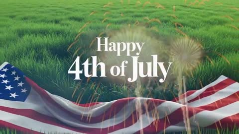 Happy 4th of July Text with Fireworks and American Flag on Grass