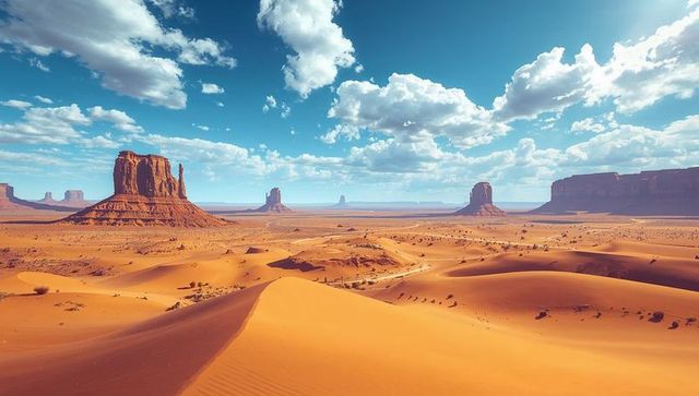 Sunlit desert dunes with rippled sand textures and majestic buttes panoramic landscape