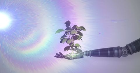 Robotic arm holding plant with futuristic light display