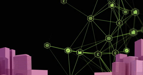 Digital Network Icons Overlayed on 3D Cityscape Model