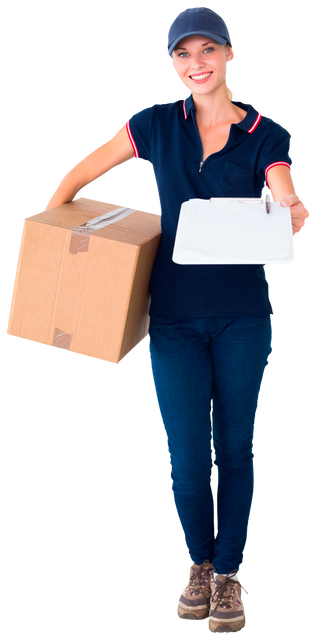 Transparent Smiling Delivery Woman Holding Package and Clipboard - Download Free Stock Videos Pikwizard.com