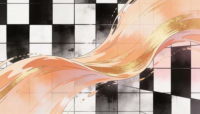 Peach-gold brushstroke flowing over checkerboard grid with metallic gold flecks