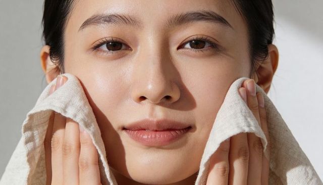 Studio close-up of asian woman patting face with soft towel for dewy skincare routine