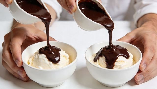 Pouring double chocolate sauce over vanilla ice cream in white bowls, hands holding jugs