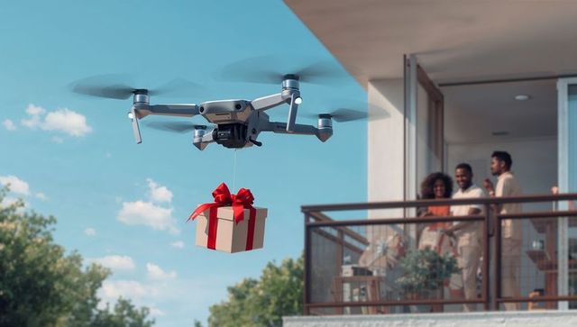 Drone delivering gift to balcony while smiling adults watch — modern contactless delivery