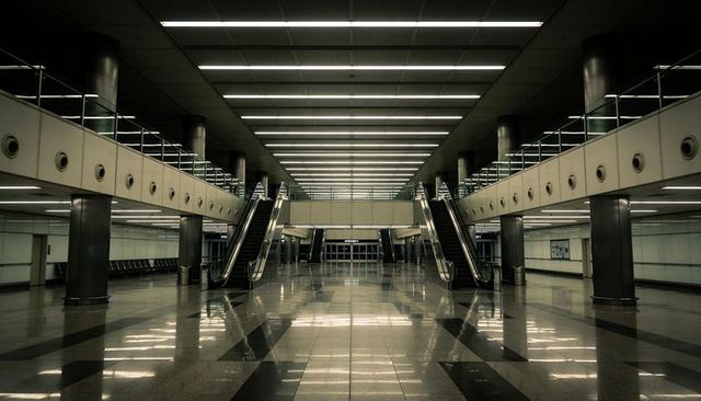 Showcasing central escalators in empty modern transit concourse with reflective tile floor