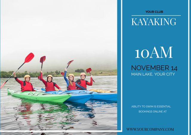 Enthusiastic Group Kayaking at Tranquil Lake Adventurous Outdoor Event Poster - Download Free Stock Templates Pikwizard.com