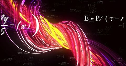 Neon twisting ribbon of light with mathematical equations and chemical diagrams