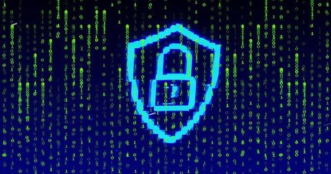 Glitchy neon shield lock protecting digital data with falling binary matrix and pixel code