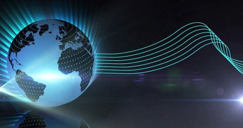 Digital globe radiating binary data with cyan neon waveform streams over futuristic floor