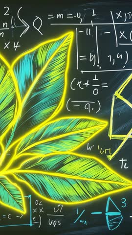 Neon Leaf Veins Lighting Chalkboard with Math Formulas | Vertical Botanical Science Illustration