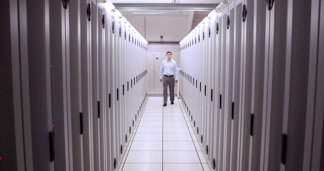 Man Walking in Modern Data Center - Download Free Stock Images Pikwizard.com