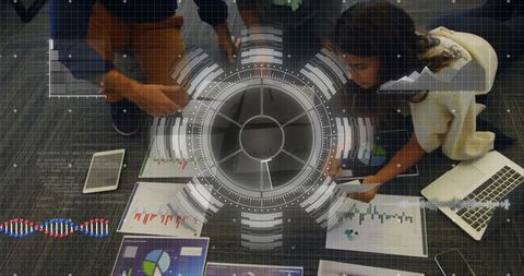 Executives Analyzing Charts with Futuristic HUD Projection